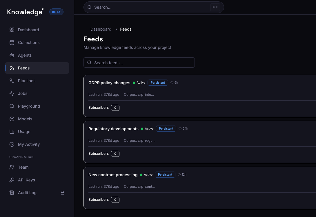 Content feeds with scheduled monitoring and update timestamps